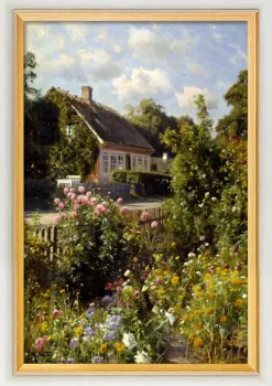 Peder Mork Mönsted: Bild »Blühender Vorgarten, Aalsgaarde« (1933), weiß-gold