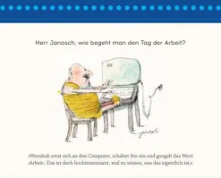 Postkartenaufsteller »Herr Janosch, wie wird man bei der Arbeit glücklich?«
